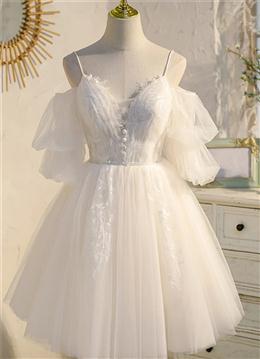 Picture of Ivory Spaghetti Strap V-neck Lace Homecoming Dresses, Tulle Short Prom Dresses